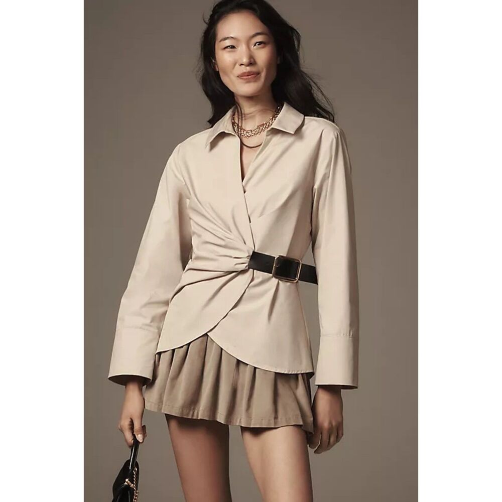 By Anthropologie Buckle Blouse Wrap Top Beige Cotton Collared Office Women XS